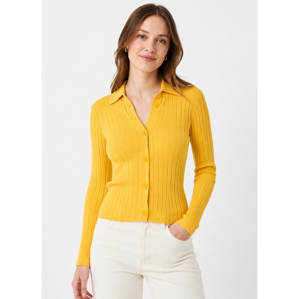 J.Crew Polo Cardigan Womens M Yellow Ribbed Merino Wool Button Front Sweater
